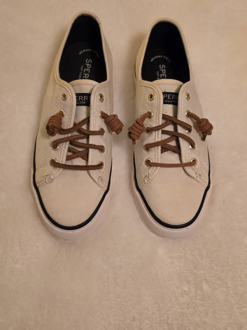 Sperry Top Sider Women's Cream Canvas Boat Shoes with Brown Laces.